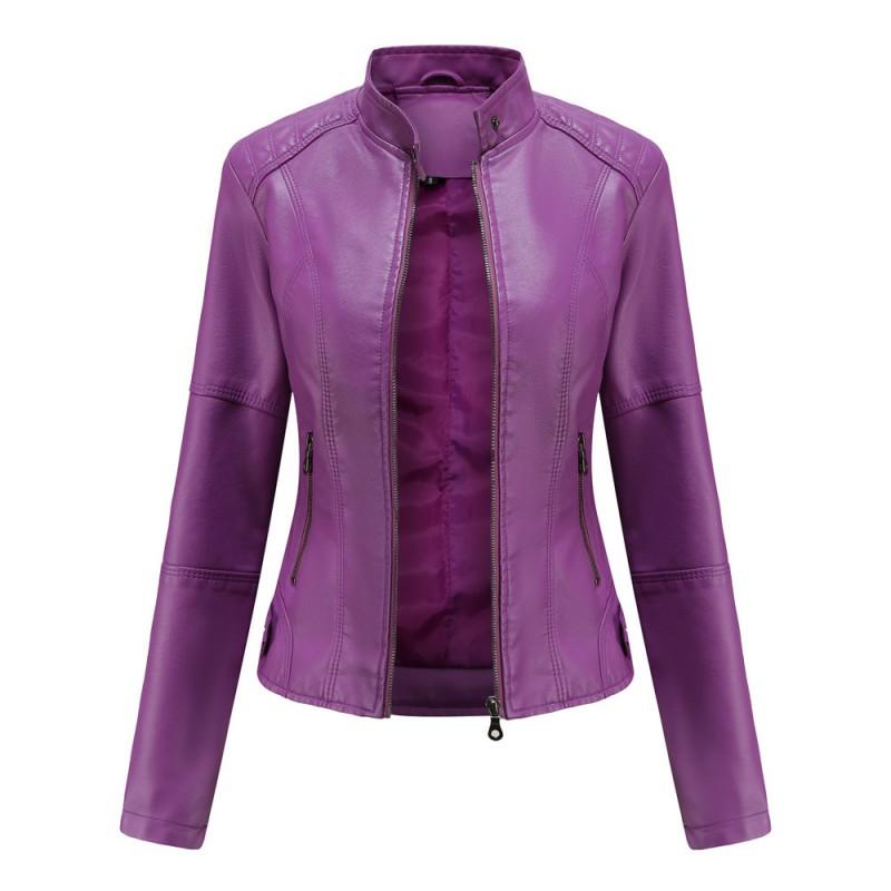 Damen Schlanke Passform PU Lederjacke Stehkragen Motorrad Stil Oberbekleidung Leicht