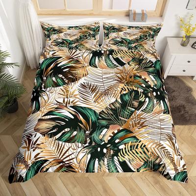 Funda Nórdica Botánica Tropical Hoja de Palmera Dorada Funda de Edredón King Tema Jungla Naturaleza Hojas de Plantas Acuarela Juego de Cama