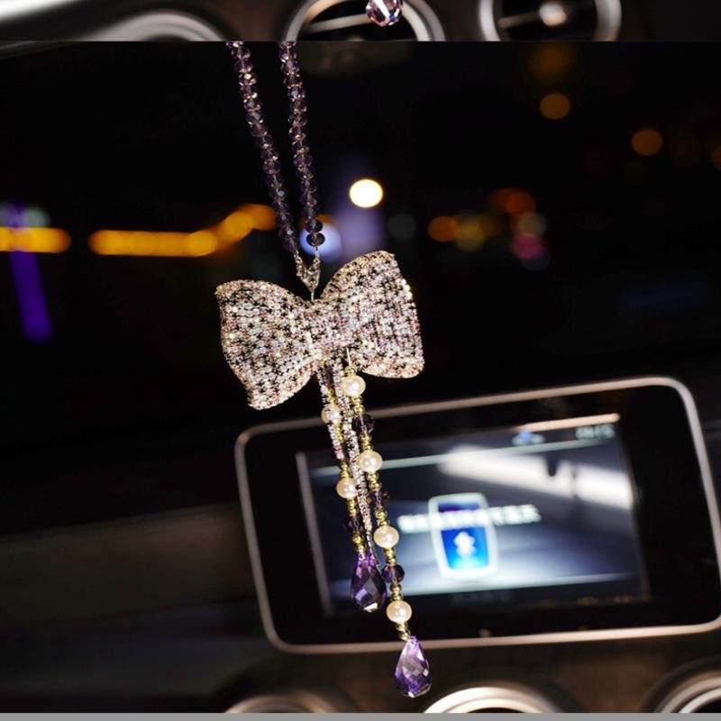 Bowknot Car Pendant Cute Tassels Chain Rearview Mirror Ornament Pearl Car Accessories