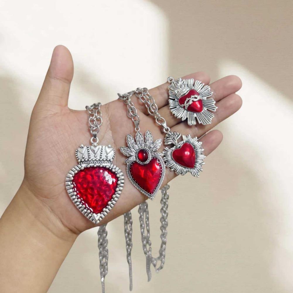 New Fashion Personality Handmade Silver Color Enamel Red Heart Pendant Necklace for Women Halloween Party Temperament Jewelry