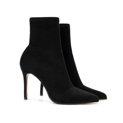 HOT Mid-barrel Boots Elastic Boots Pointed Toe Thin Heels For Women Mujer Black Ankle Stretch Fabric Winter High Heel Boots Rome