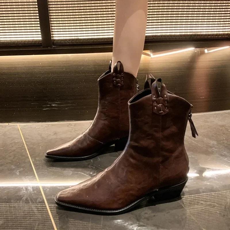 Herbst/Winter Damenstiefel aus echtem Leder, Western-Damenschuhe, spitze Zehenpartie, klobiger Absatz, Chelsea-Stiefel, Retro-Stiefeletten