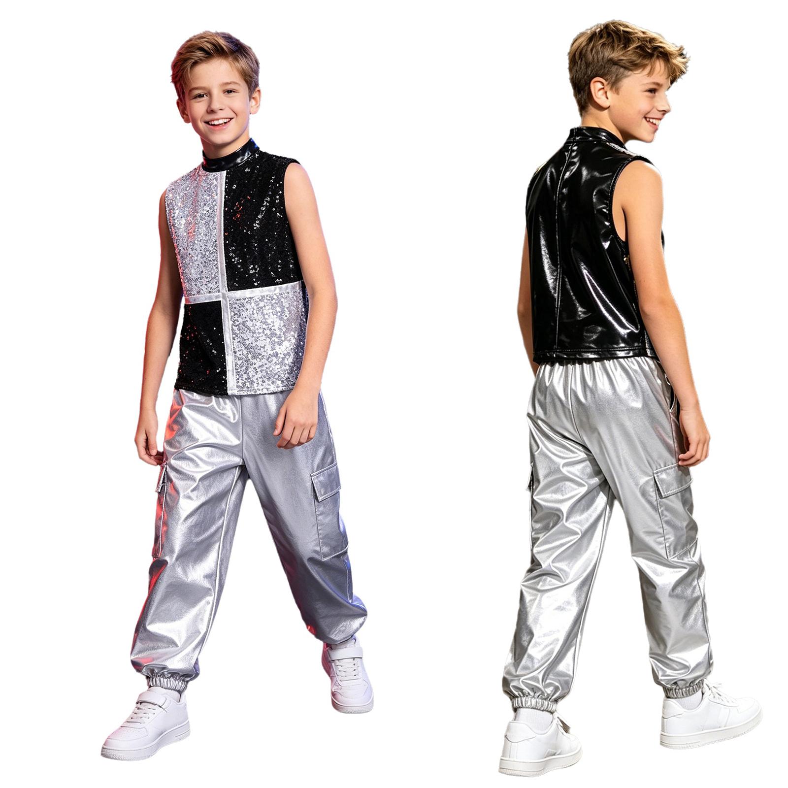 

Kids Boys Sequin Color Block Sleeveless Mock Neck Dance Top Invisible Back Zip and Cargo Pants for Jazz Dance Competition 5-6 Years