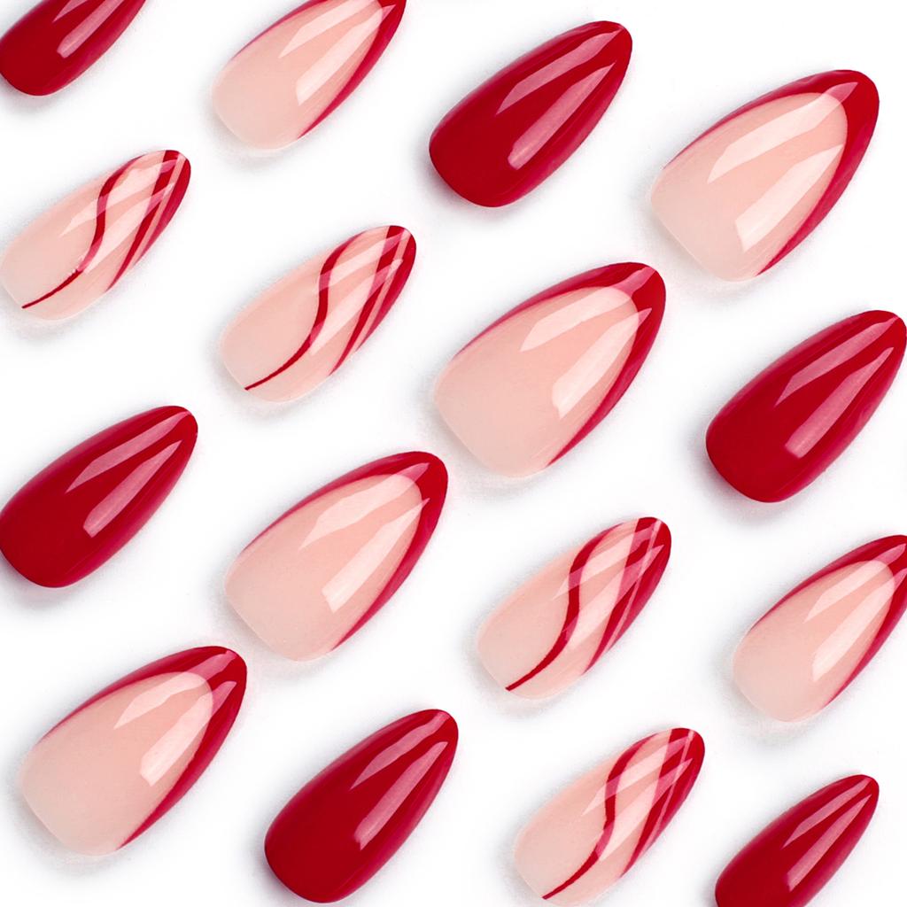 24 Pieces Simple Wear Nail Nail Sheet Solid Color French Red Corrugated Line Almond Nail Removable Nail Sheet