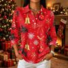 Women's Casual Christmas Print Button-Front 3/4 Sleeve Collared Blouse Top for Holiday Party