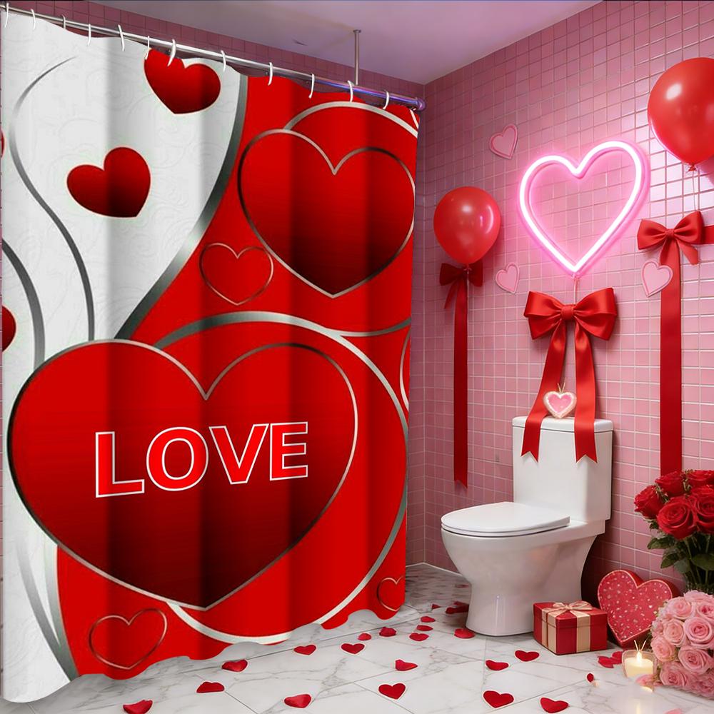 Cortina de ducha Corazón de Amor Rosa para el Día de San Valentín, cortina impermeable para ducha de baño con 12 ganchos, decoración del hogar con forma de pez