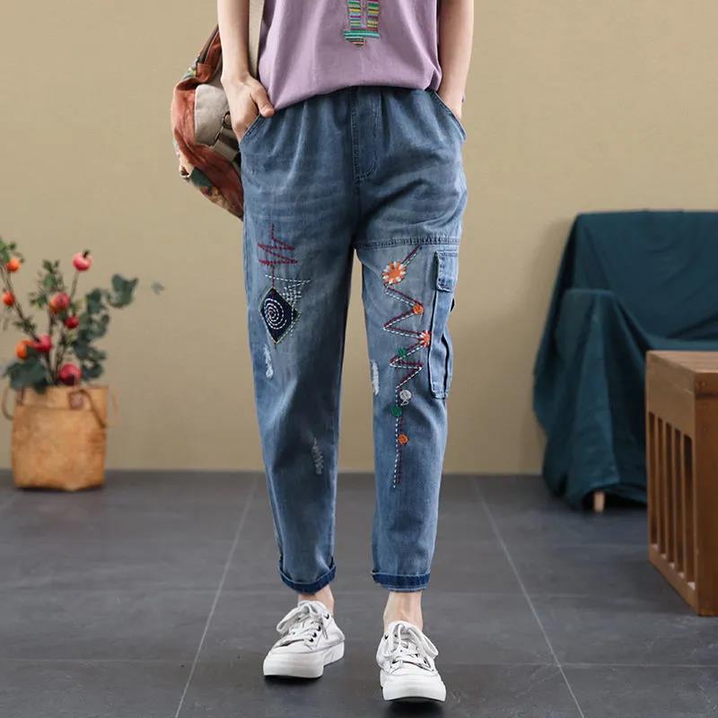 Blugi Dama Retro Brodați Rupti cu Talie Elastică - Stil Harem Slimming pentru Primăvară & Toamnă (Tendință 2025)