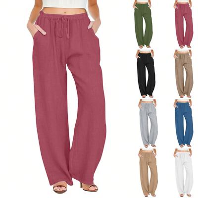 Women's Summer Elastic Waist Solid Color External Pocket Cotton And Linen Loose Pants