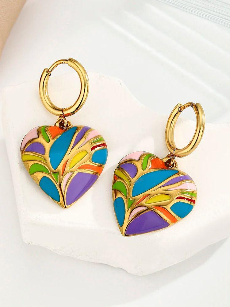Bohemia Gold Plated Love Heart Pendant Earrings Colorful Drip Oil Hoop Earrings For Women Jewelry Accessories золотой