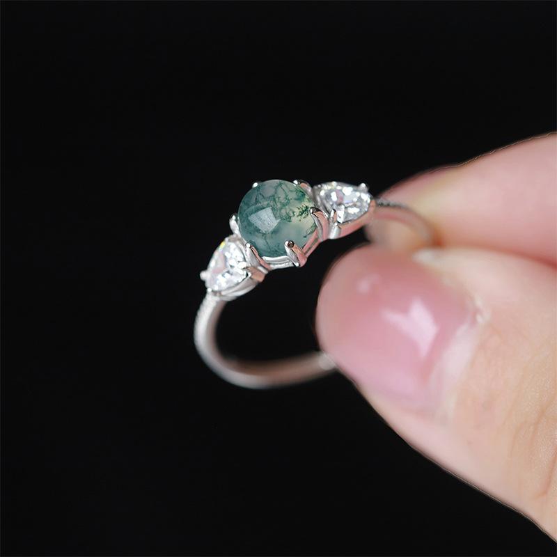Unique Heart Natural Stone Texture Different Green Moss Grass Agate Vouple Flower Ring For Women Sterling Silver Gift Jwelry