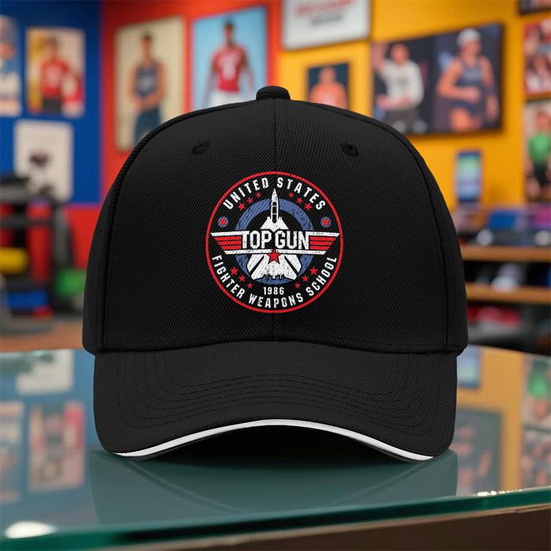 1Pc Of New Summer And Autumn Adjustable Vintage Baseball Cap For Couples, Featuring A Top Gun Pilot Print. This Breathable Black