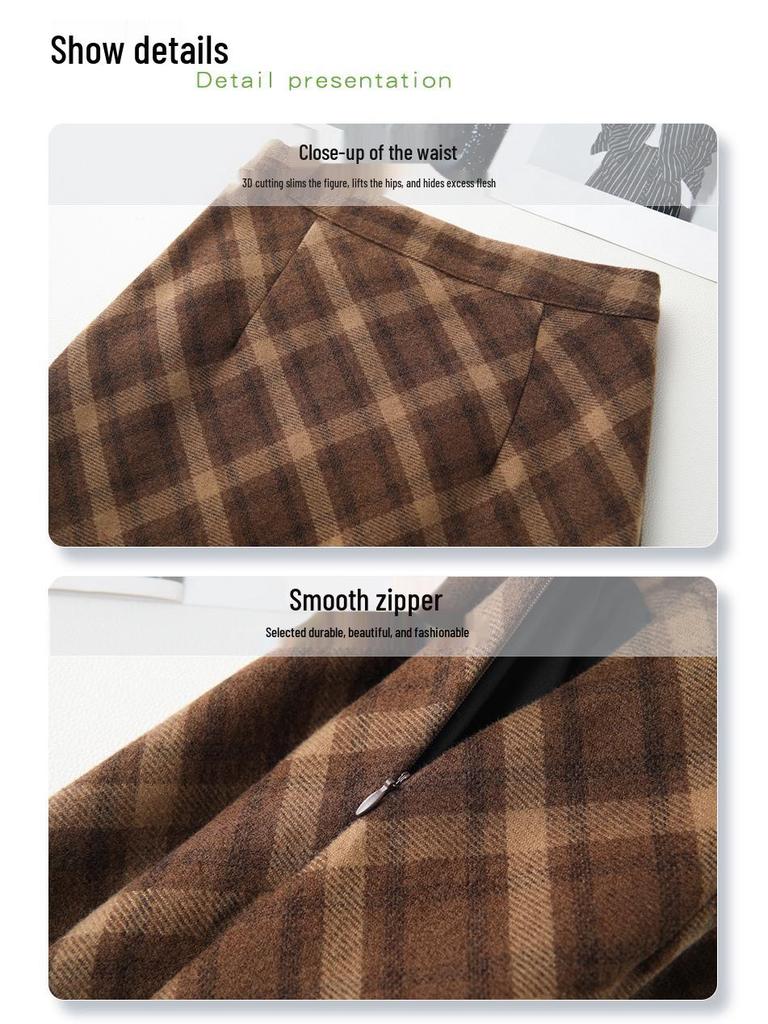 High-Waisted Plaid Tweed Pencil Skirt for Women - Slimming Mid-Length Bodycon, Autumn & Winter 2024 Collection