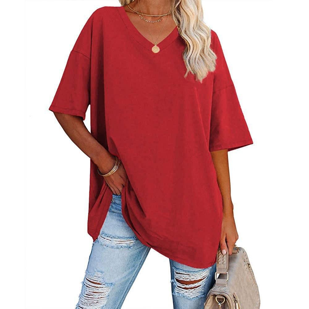 European and American Women's Summer V-Neck Loose Cotton Top – Solid Color, Short-Sleeve