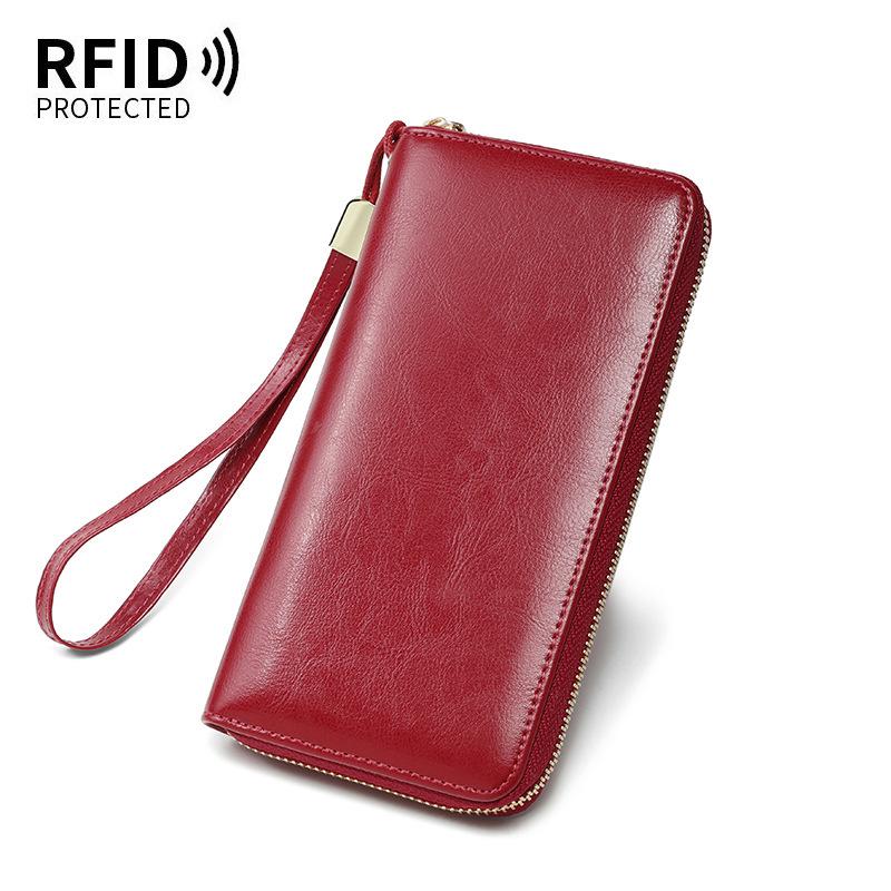 Women's Large Capacity Genuine Leather Wallet Clutch with Zipper Card Holder & Wrist Strap - Fashionable & Casual Style