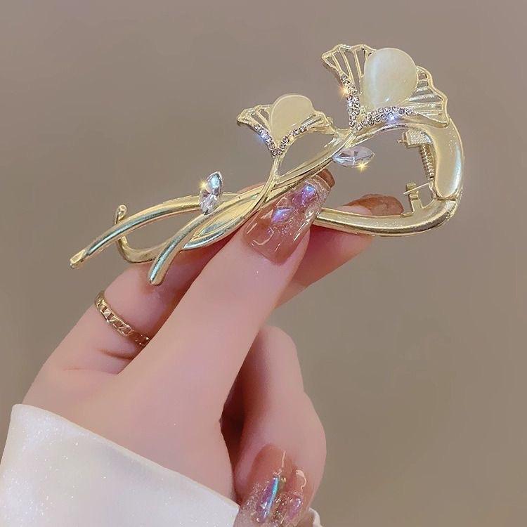 1Pc High-end Ginkgo Biloba Hairpin, Light Luxury Cat's Eye Hair Accessories, Women's Back of The Head, Hairpin, Frog Buckle, Twist Clip, One-word Clip