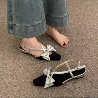 2025 Bow Summer Woman Sandals  Janes Shoes Flats Square Toe Slippers New Slingback Shoes Party Dress Mujer