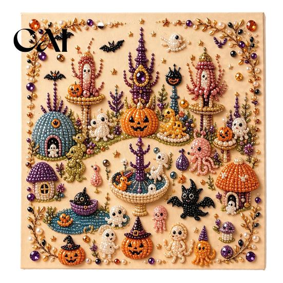 Set Artistico con Perle Finte Kit Fai da Te di Halloween, Set Creativo Ricamo con Perline 3D, Decorazione per la Casa Unica Spaventosa Fantasma Capra Strega Arte da Parete, Stagionale per Adulti, Principianti