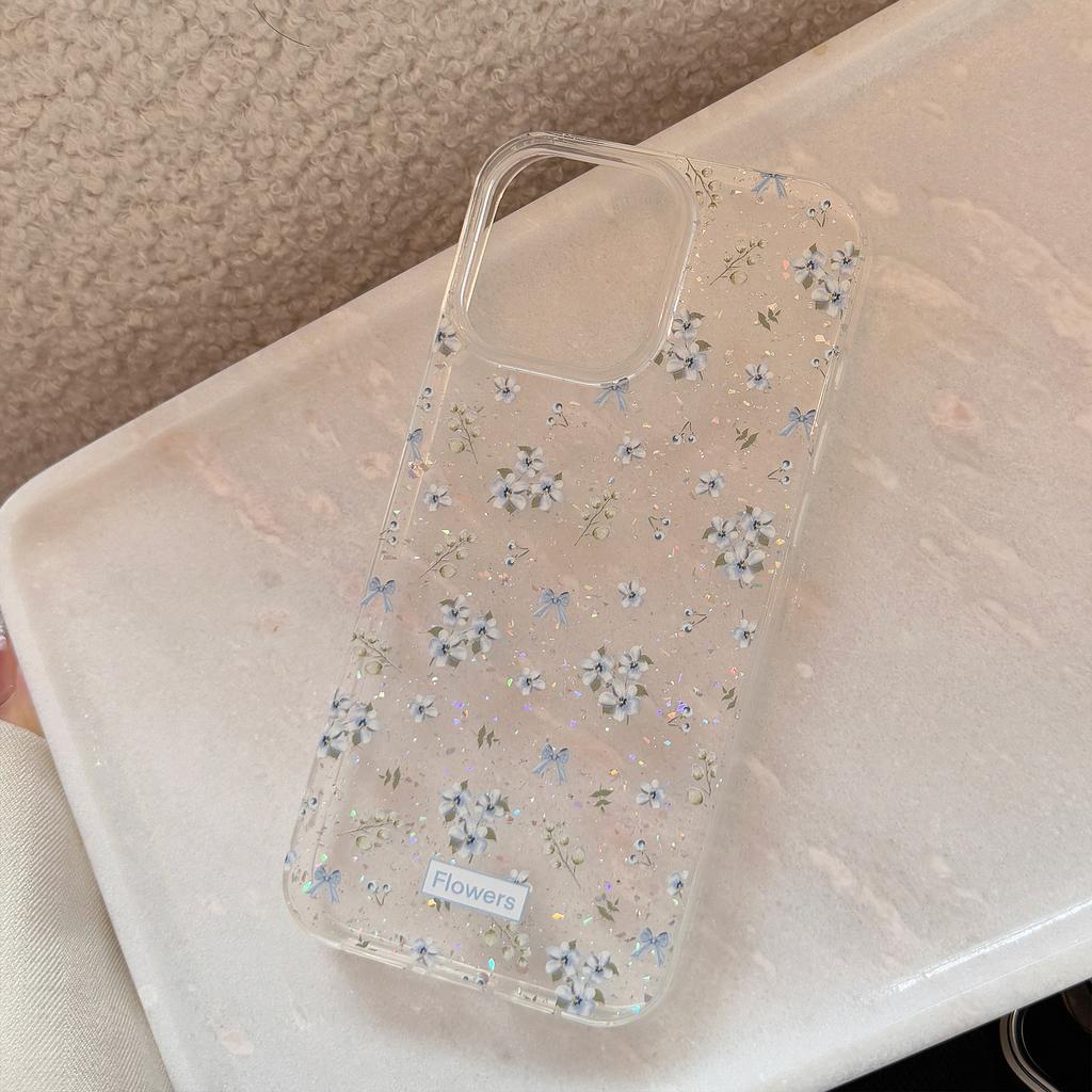 Gentle Blue Floral Suitable for Apple 16 Promax Mobile Phone Case 17 Fresh and Beautiful Iphone14 Glitter 11 Transparent