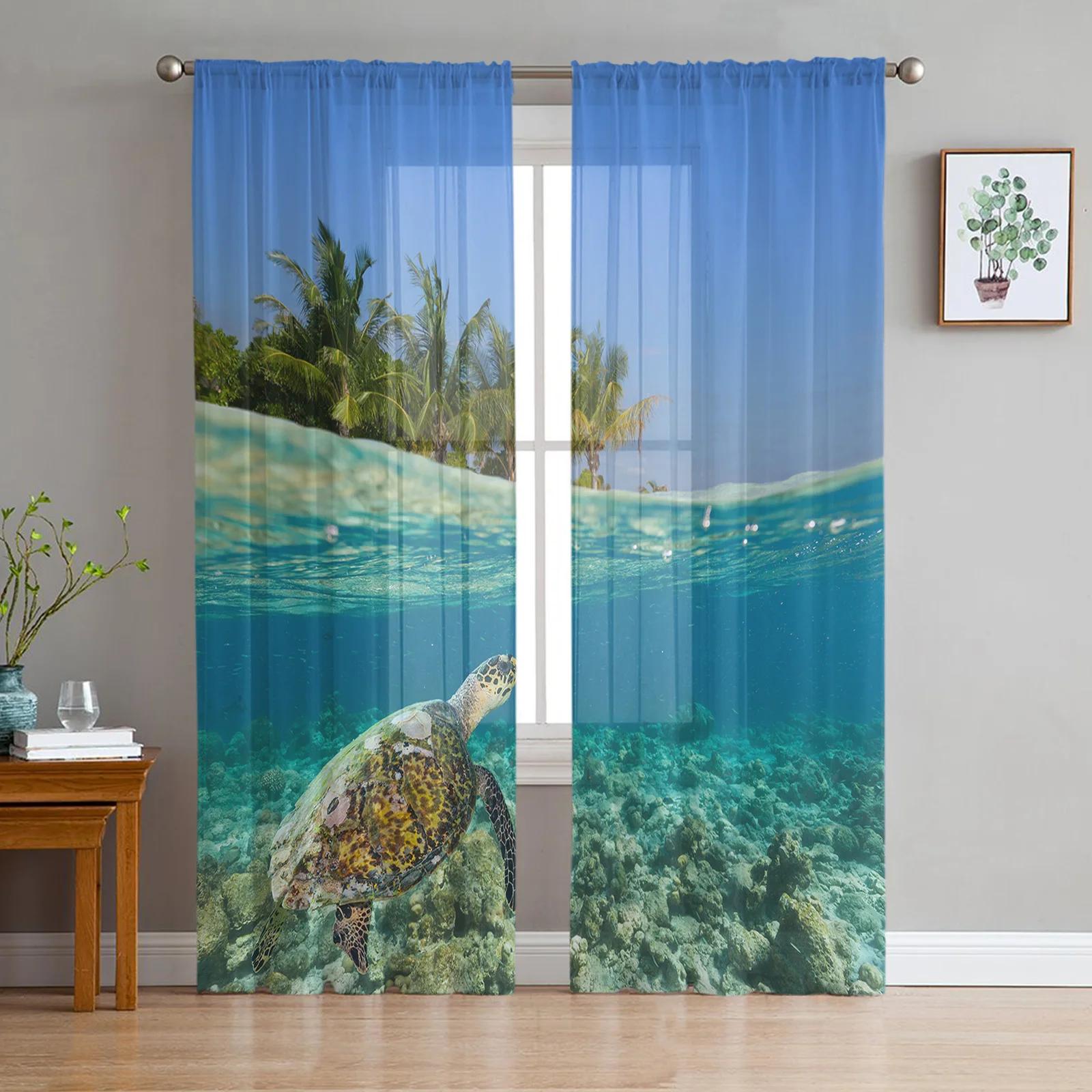 

Sea Turtle Ocean Creature Landscape Voile Curtains Living Room Bedroom Transparent Tulle Window Drapes Curtain With Sheer Polyester Perfect For Area W100*H130(CM)-Grommet top&2PCS