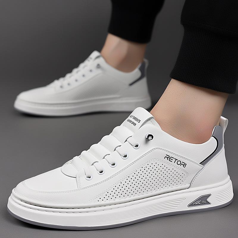 Leather Shoes Men's 2025 Summer Casual Leather Shoes One Pedal Fashion Hollow Breathable White Board Shoes Tide