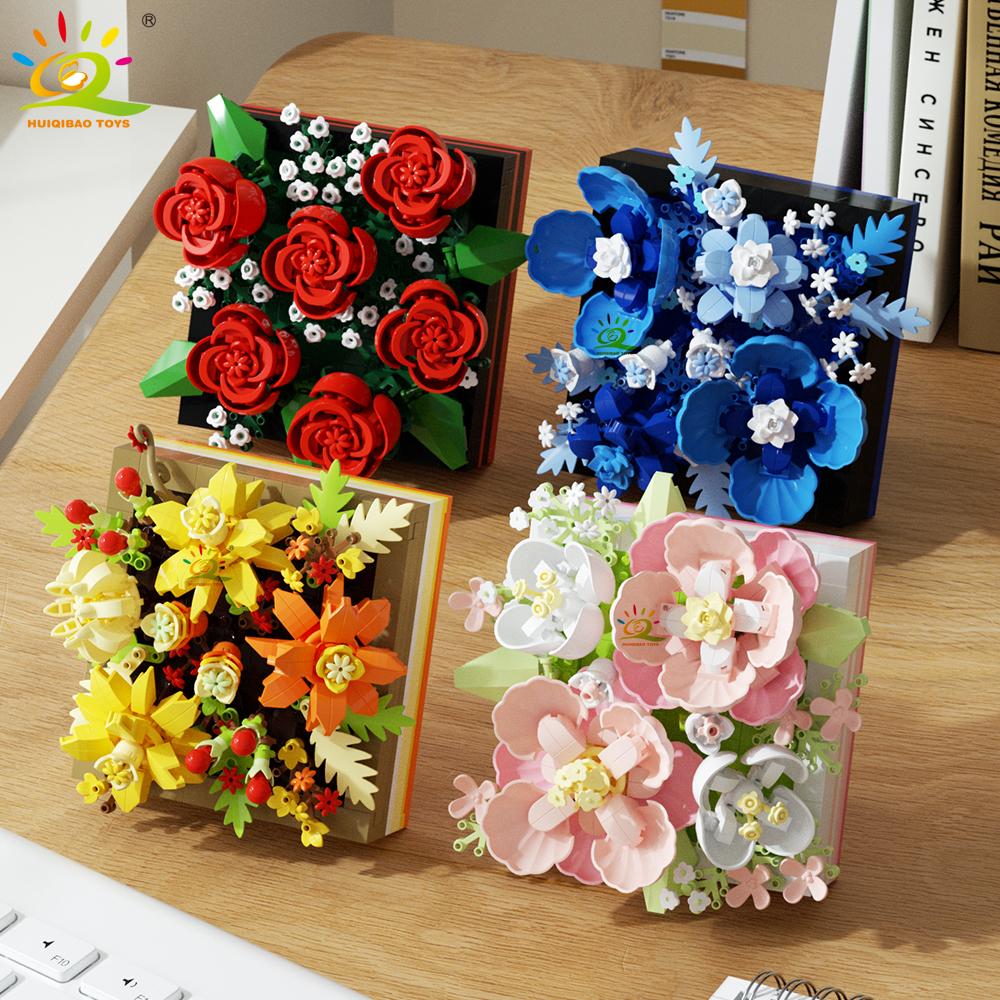 HUIQIBAO MOC Flower Display Rack Micro Building Block Succulent Mini 3D Diamond Model Brick Toy for Children Desk Decoration