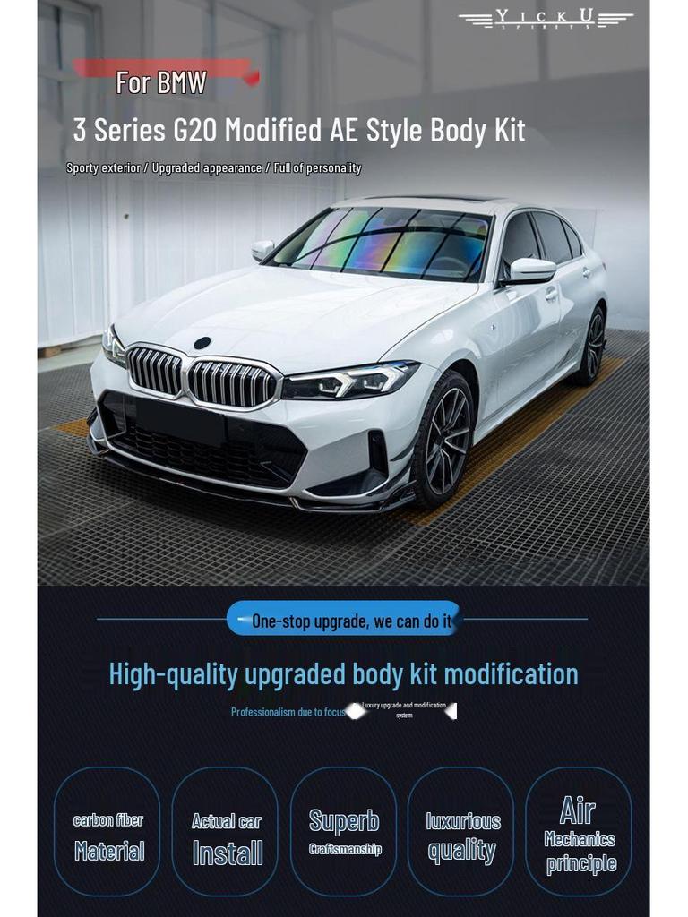 BMW 3 Series G20 AE Style Body Kit: Front Lip, Hood Deflectors, Rear Lip, Side Skirts, Fender