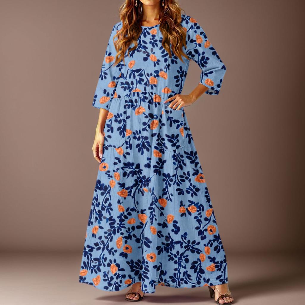 Women's Casual Fashion Floral Print Three-quarter Sleeve Long Dress With Pockets