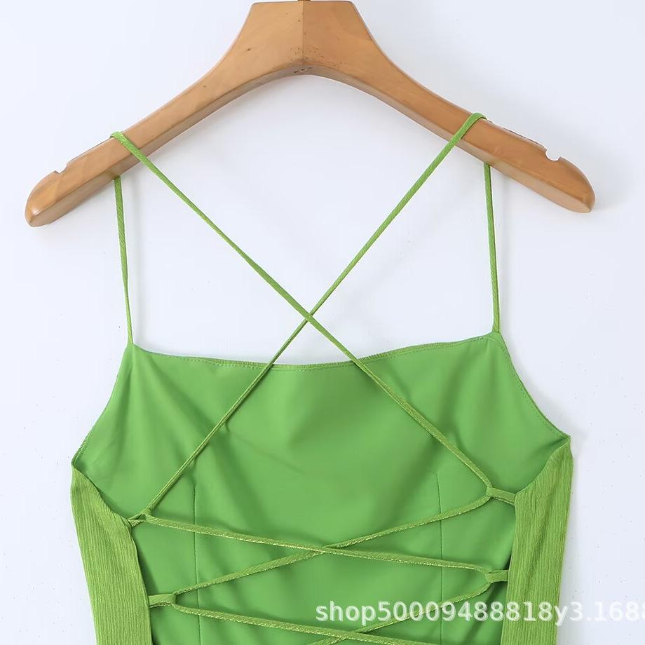 French retro seaside vacation style back hollow strap waist thin temperament suspender dress long dress