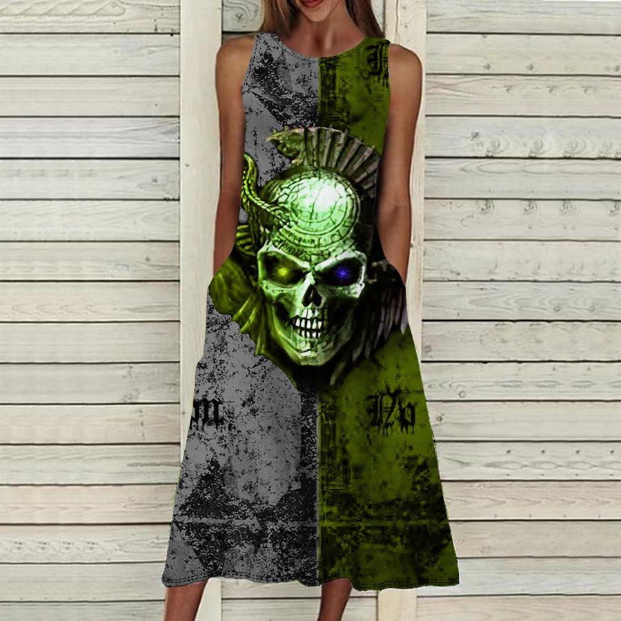 

Летнее модное сексуальное платье без рукавов, мягкое повседневное платье с 3D темным принтом скелета, платье на бретельках без рукавов, летнее платье на подтяжках M зелёный