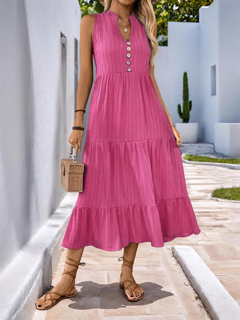 European & American Minimalist V-Neck Button Midi Dress - Sleeveless, Solid Color, Summer 2025 Collection