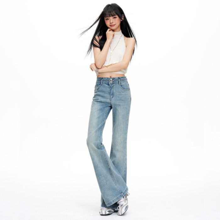 Spring Summer Light Blue Double Button High Waist Full Star Rhinestone Stretch Trendy Denim Pants Women Casual Pants Oversize Denim Trousers
