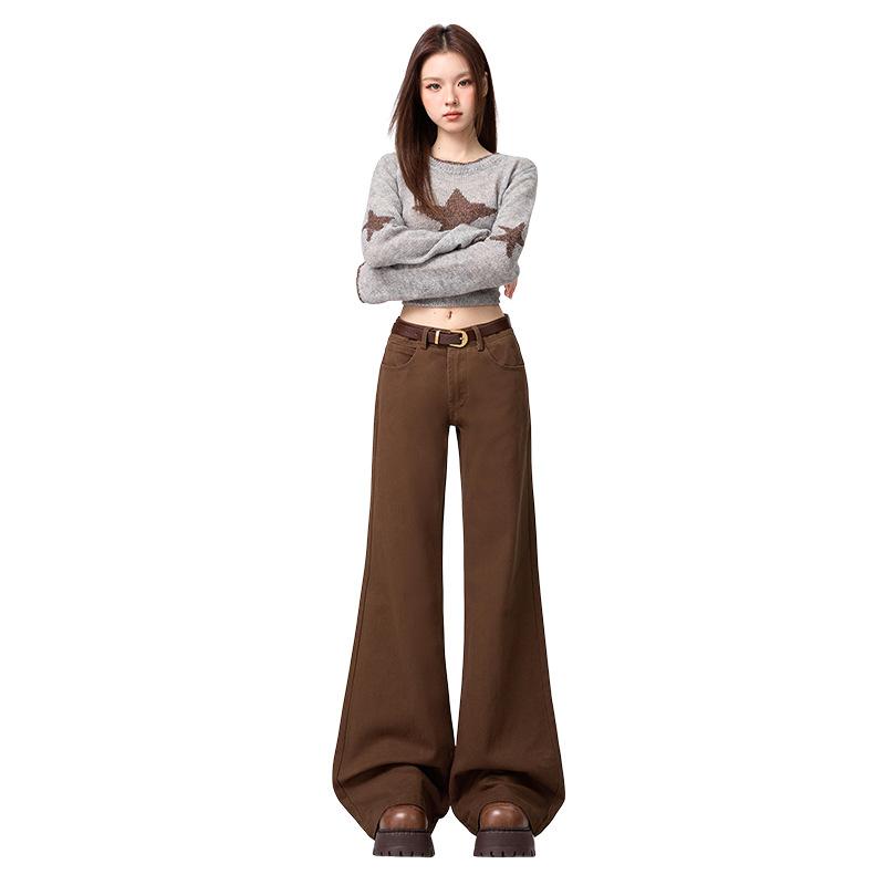 Maillard coffee color does not stick to the legs, slightly pulled jeans, women's American retro low-rise thin flared pants, coffee-colored trousers,
