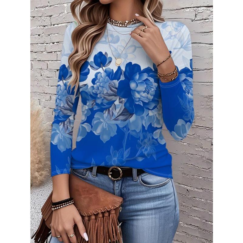 2026 New Women's Fashionable Long-Sleeved T-Shirt with Fresh Floral Pattern, Perfect for Everyday Wear and Stylish Outfits