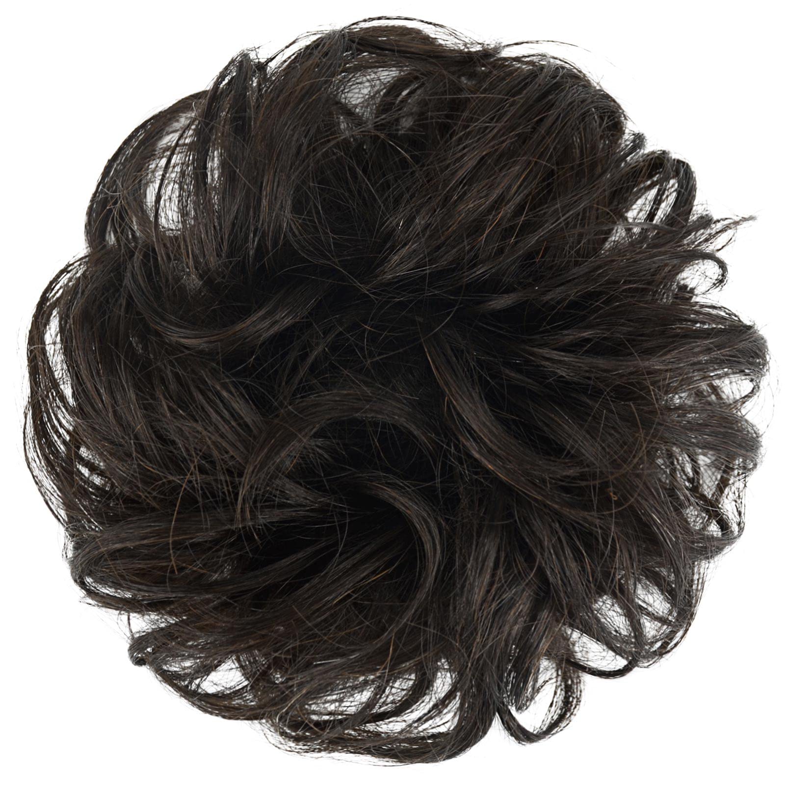 FESHFEN 100% Human Hair Scrunchies (2# Dark Brown) Curly Messy Hair Bun Extensions Wedding Hair Pieces for Women Kids Hair Updo Donut Chignons