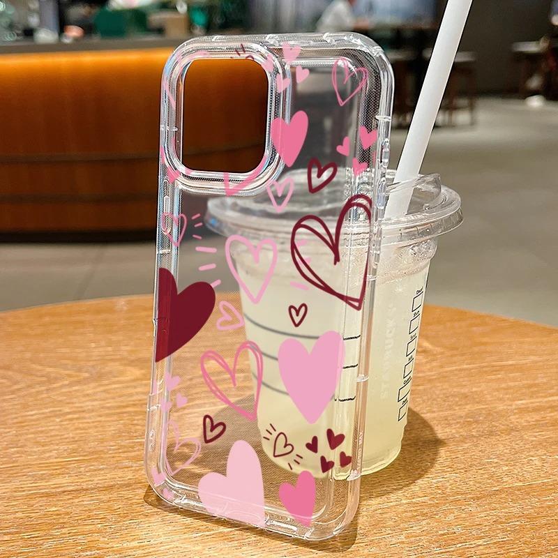 Love Heart Soft Phone Case for iPhone 16 15 14 17 Air Pro Max 16E 13 12 Mini 11 XS X XR 7 8 Plus Clear Shockproof Cover