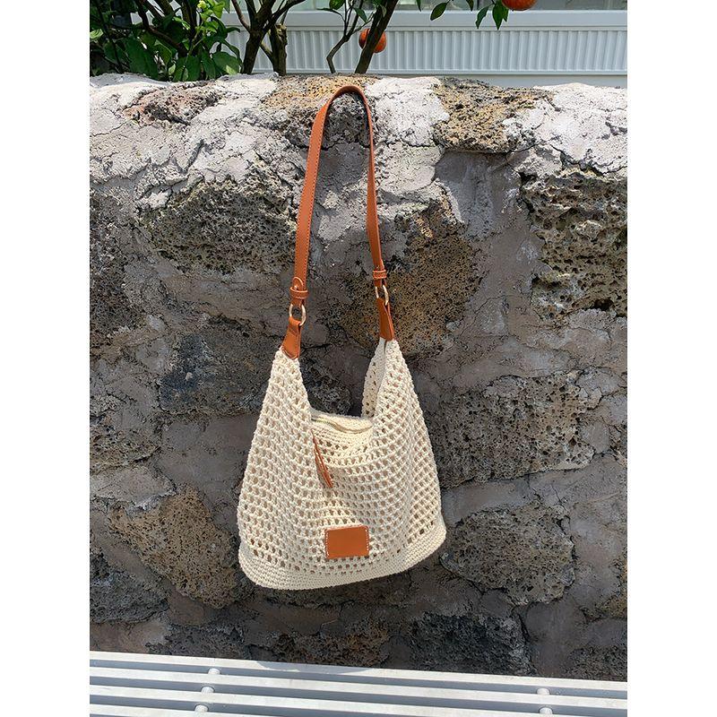 

Woven Hollow Bag Women 2025 New Arrival Summer Seaside Vacation Travel Tote Bag Beach Bag One Shoulder Underarm Bag Beige White
