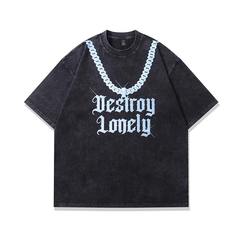 American Retro Black Washed Trend Printed Short-Sleeved T-Shirt Vintage Cotton Loose Top Men