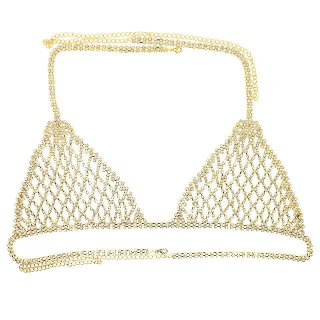 

European And American Sexy, Hollow Fringed Body Chain Bikini Breast Chain, Fashionable Rhinestone Underwear Bra Gold plated