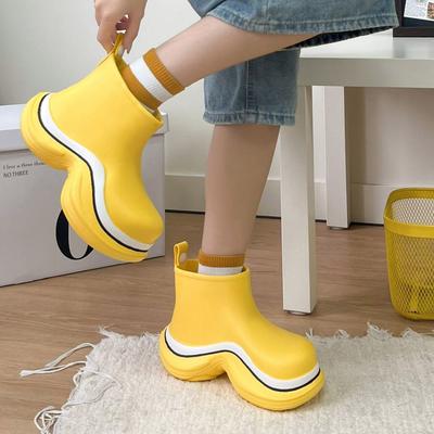 Women's Summer New Fashion Thick Sole ColorBlocked HeightIncreasing Round Enclosed Toe Waterproof Rain Boots Casual Outdoor