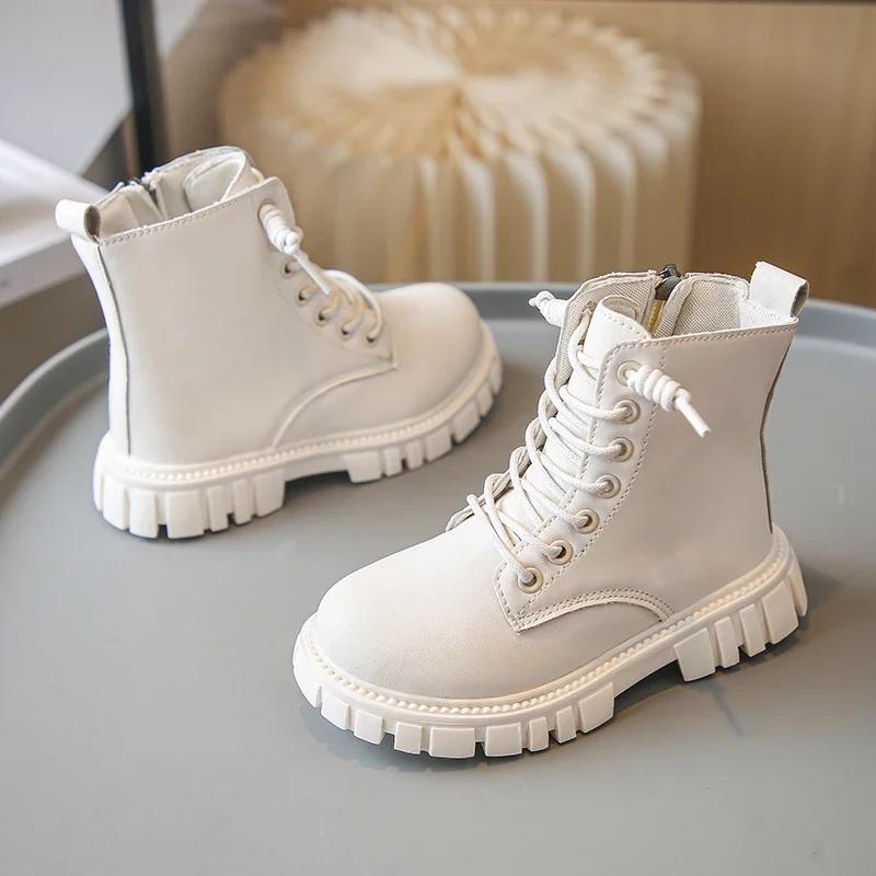 Spring Autumn Girls Ankle Boots Fashion School Kids Leather Boots Thick Bottom Non-slip Children's Platform Causal Boots Black