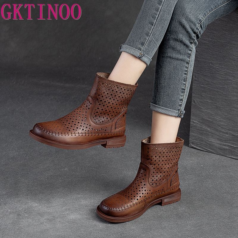 GKTINOO 2025 Spring Summer 100% Genuine Leather Boots Breathable Hollow Boots Flat Soft Slip-On Comfortable Shoes Women