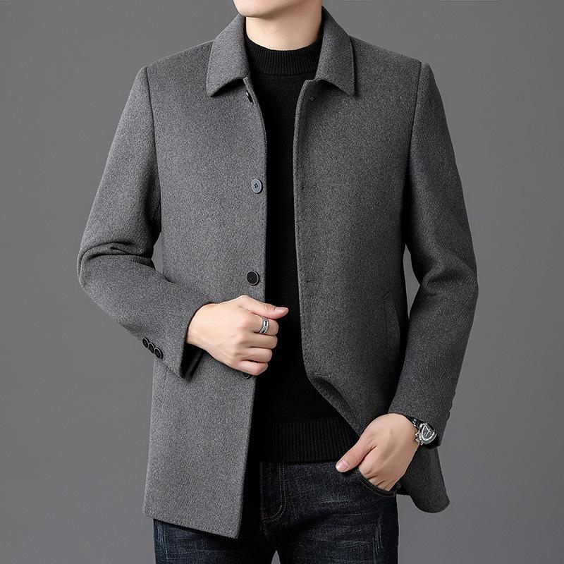 Men's Double-Sided Cashmere Wool Coat with Goose Down Liner - Business Casual Windbreaker for Middle-Aged Dads.