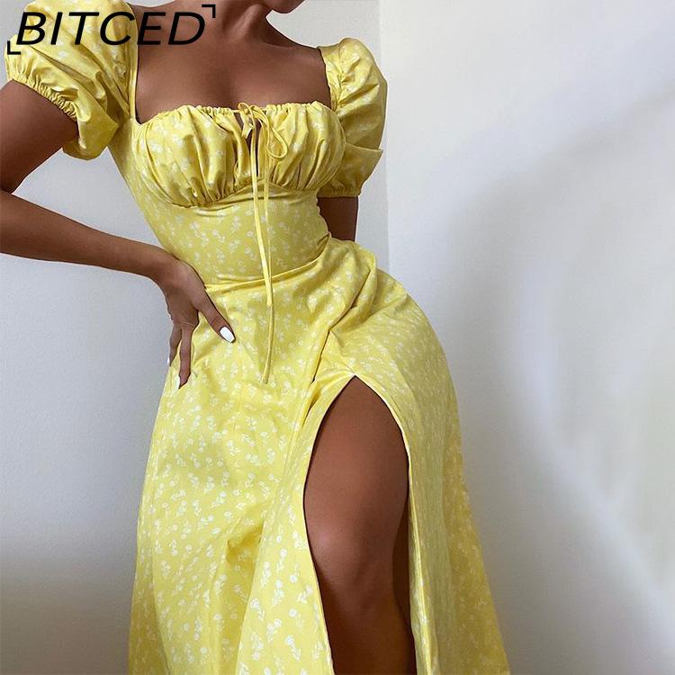 

BITCED Women s Dress: Elegant Floral Print Split-Hem Fashionable Resort Strapless Dress M жовтий