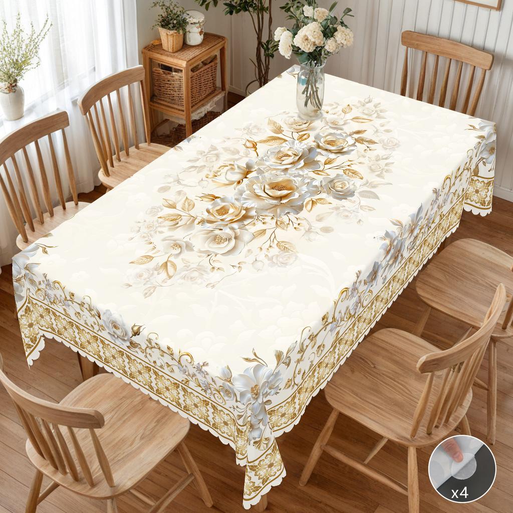 1 Piece Of Floral Spring And Summer Round And Rectangular Tablecloths, Various Sizes, Retro Gold Floral Print Pattern Design, French Style, Tablecloth