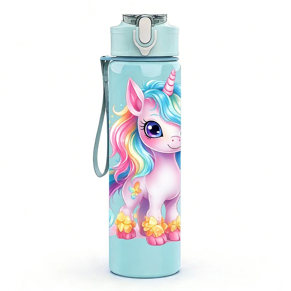 1PC Bright Pastel Unicorn Character Print 750ml Color Plastic Sports Water Bottle Leakproof Flip Straw Lid Suitable for Sports Office Home Use