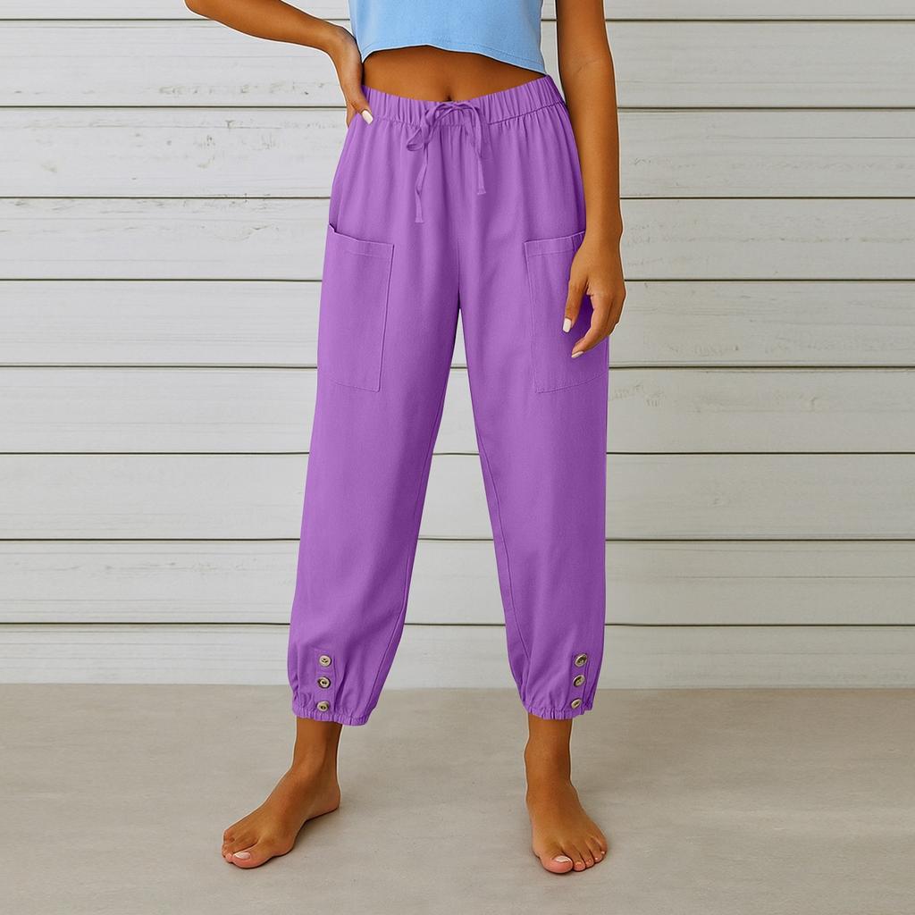Women's Fashion Solid Color Hemp Cotton Pocket Leg Tight Waist Casual Pants
