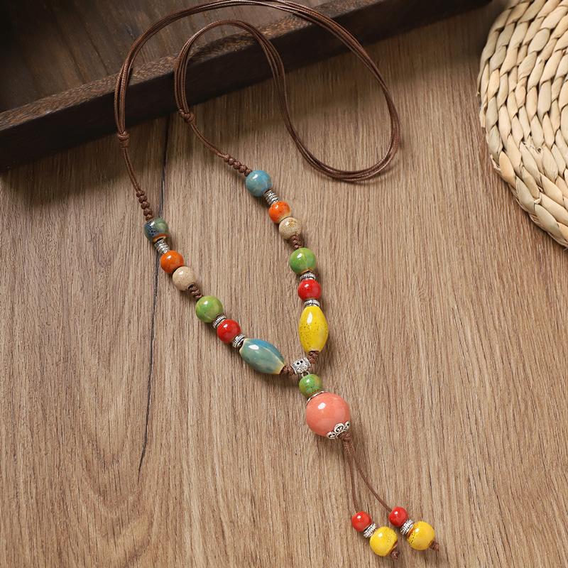 Retro Ceramic Beaded Necklace for Women, Handmade Long Sweater Chain, Ethnic Vintage Chinese Style Jewelry