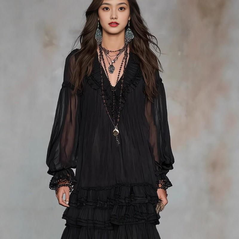 2026 V-Neck Ruffled Waist Dress Womens Solid A-Line Casual Street Style Short