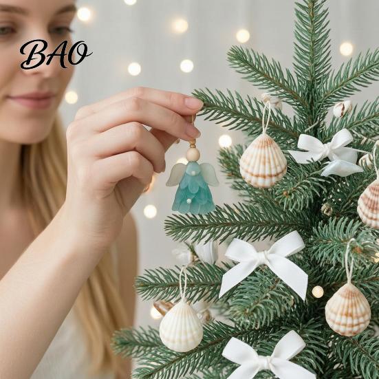 Christmas Tree Pendant Set Sea Glass Angel Advent Calendar with 24 Hanging Ornaments for Decoration, Holiday Countdown Gift Handmade 2D Flat Pendants