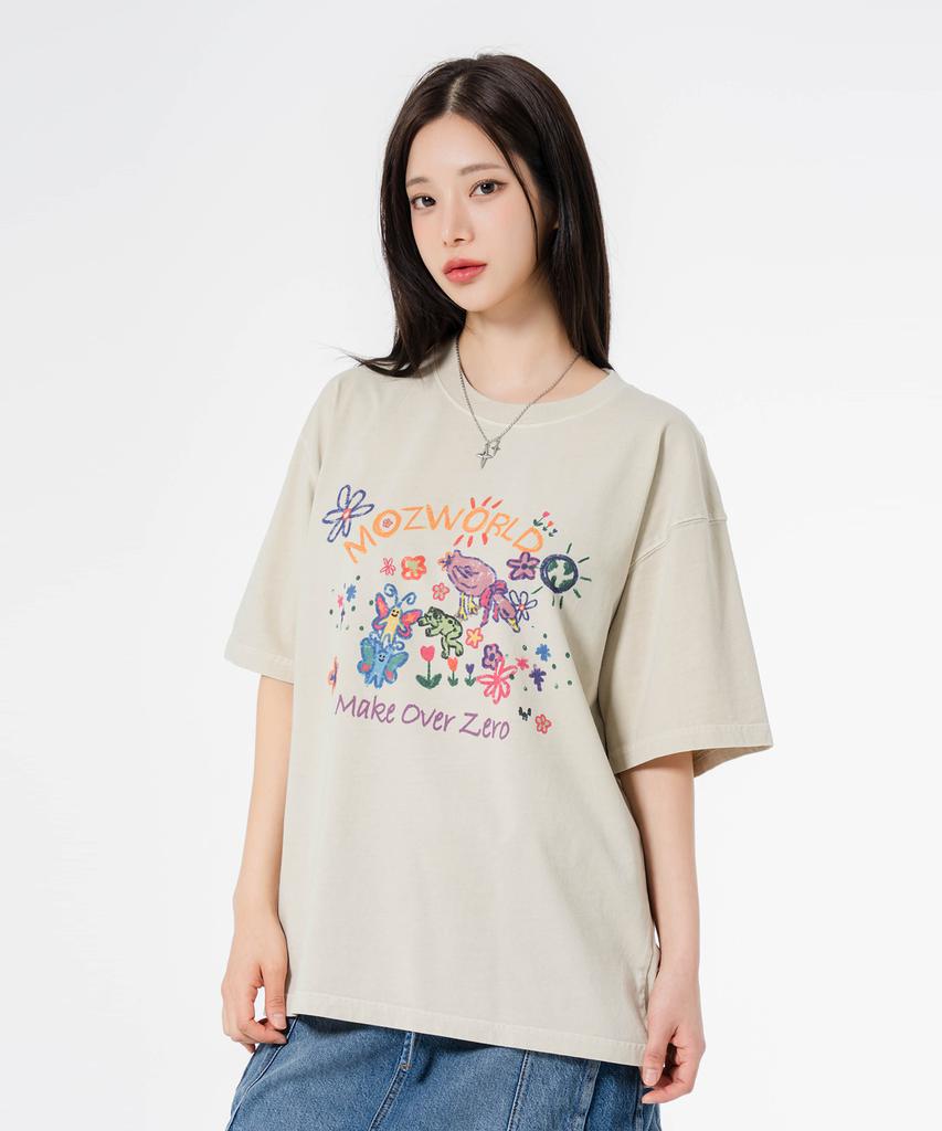 MOZMOZ World Oversized Pigment Short Sleeve T-Shirt Beige